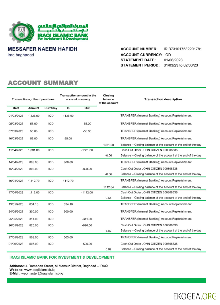 Modèle Excel et PDF de relevé bancaire de la Banque islamique d'Irak pour l'investissement et le développement